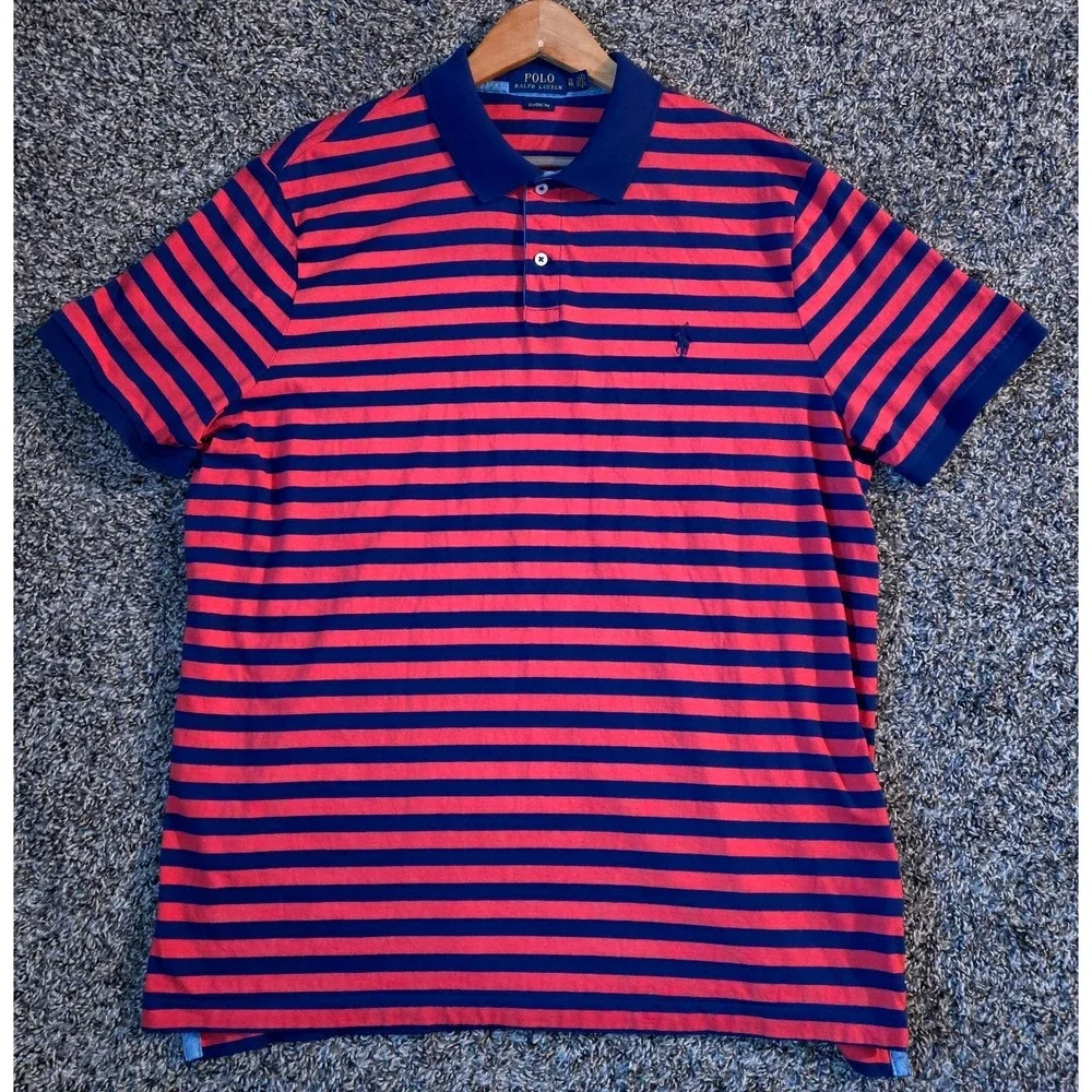 Ralph Lauren Polo Shirt Mens XL Blue Red Striped Blue Pony Classic Short Sleeve